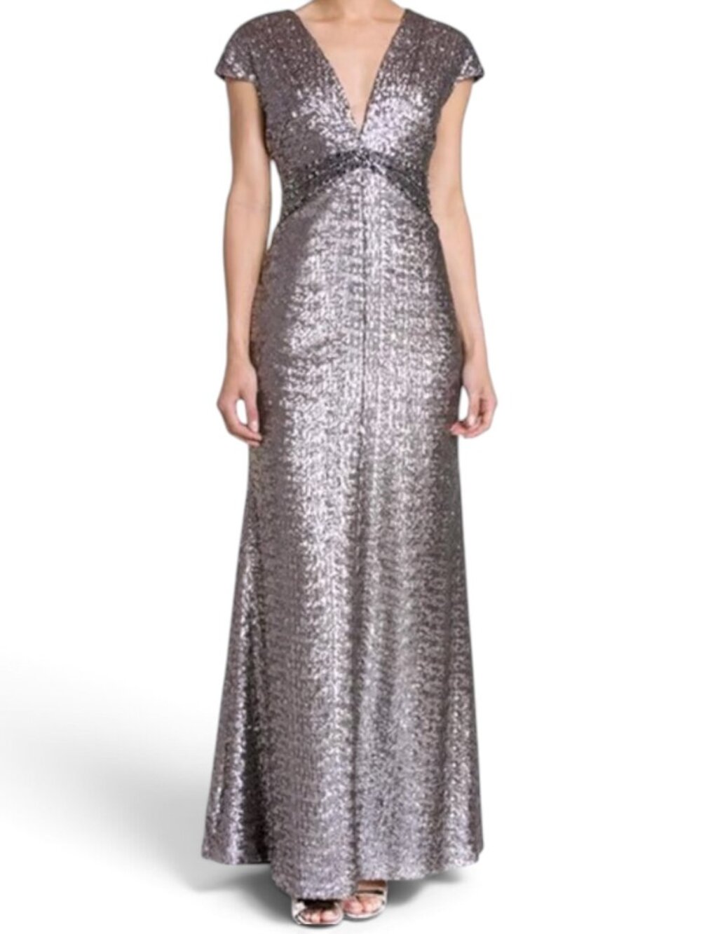 Pamella Roland Silver All Over Sequin Cap Sleeve Floor Length Gown Dress 12